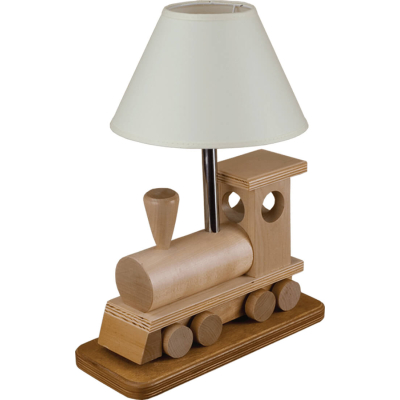 Lampka dziecięca w kształcie lokomotywy wykonana z drewna z abażurem