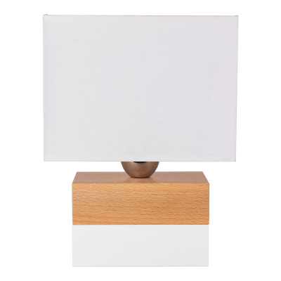 Kwadratowa drewniana lampa biurkowa z białym abażurem